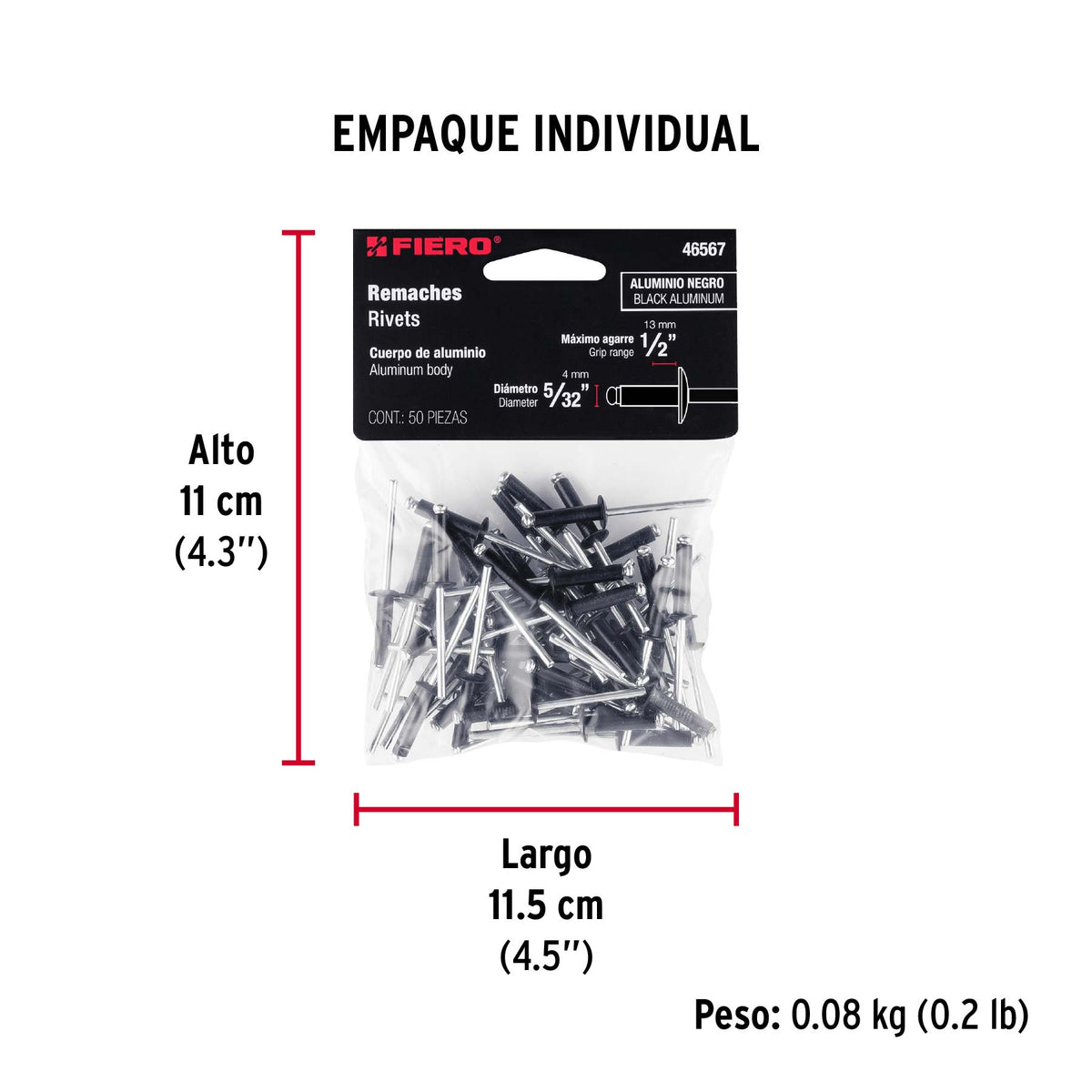 Bolsa c/50 remaches 5/32'x1/2' negros de aluminio, ala 5/16'