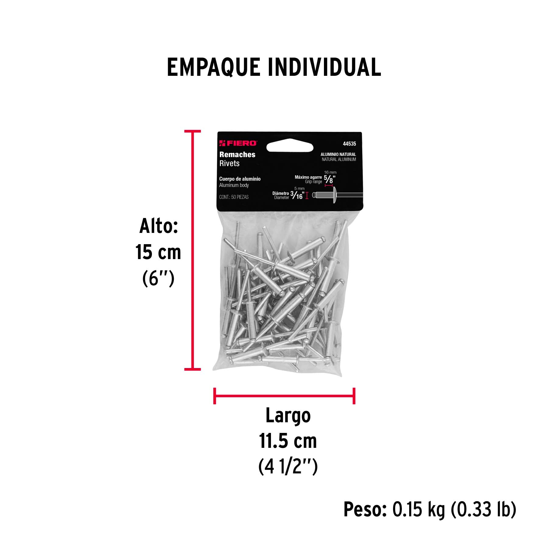 Remaches con espiga, 4.8x21mm, bolsa con 50 pzas