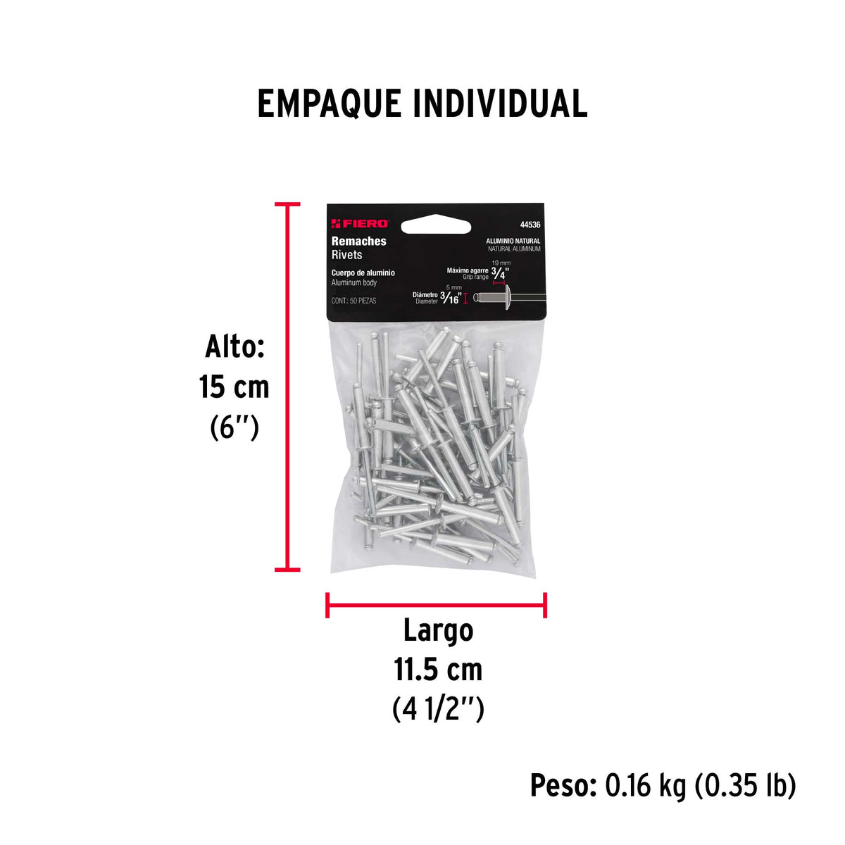 Remaches con espiga, 4.8x24.1mm, bolsa con 50 pzas