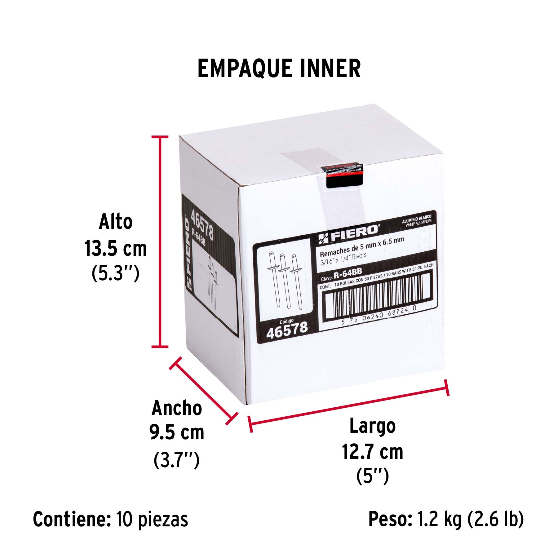 Bolsa c/50 remaches 3/16'x1/4' blancos de aluminio, ala 3/8'