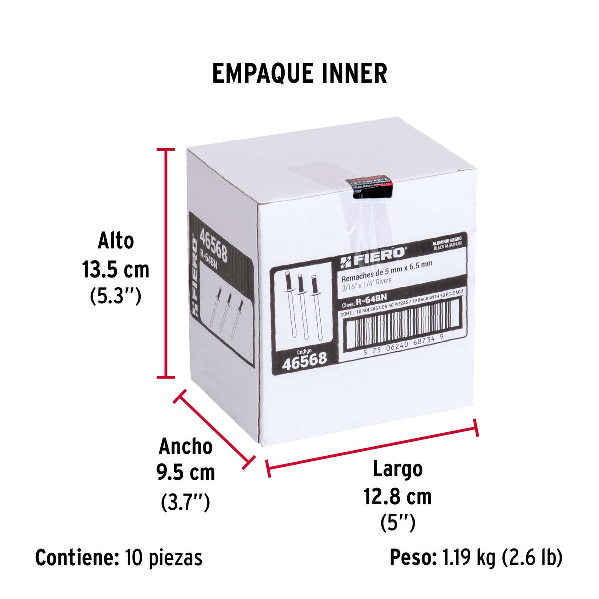 Bolsa c/50 remaches 3/16'x1/4' negros de aluminio, ala 3/8'