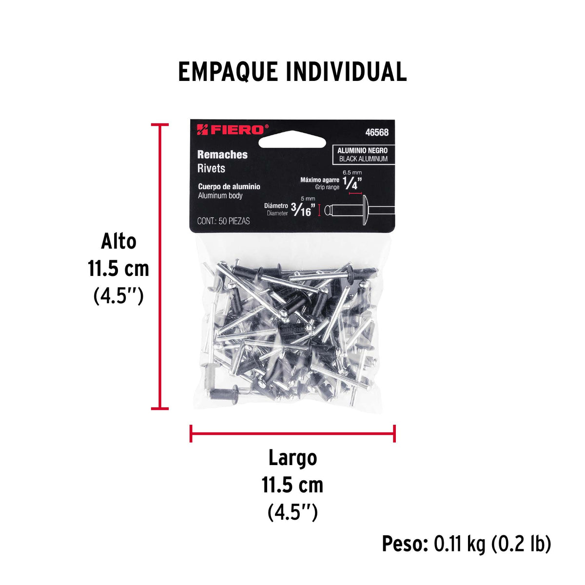 Bolsa c/50 remaches 3/16'x1/4' negros de aluminio, ala 3/8'