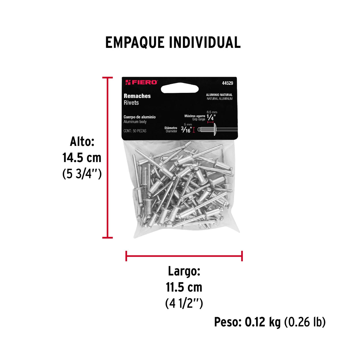 Remaches con espiga, 4.8x11.0mm, bolsa con 50 pzas