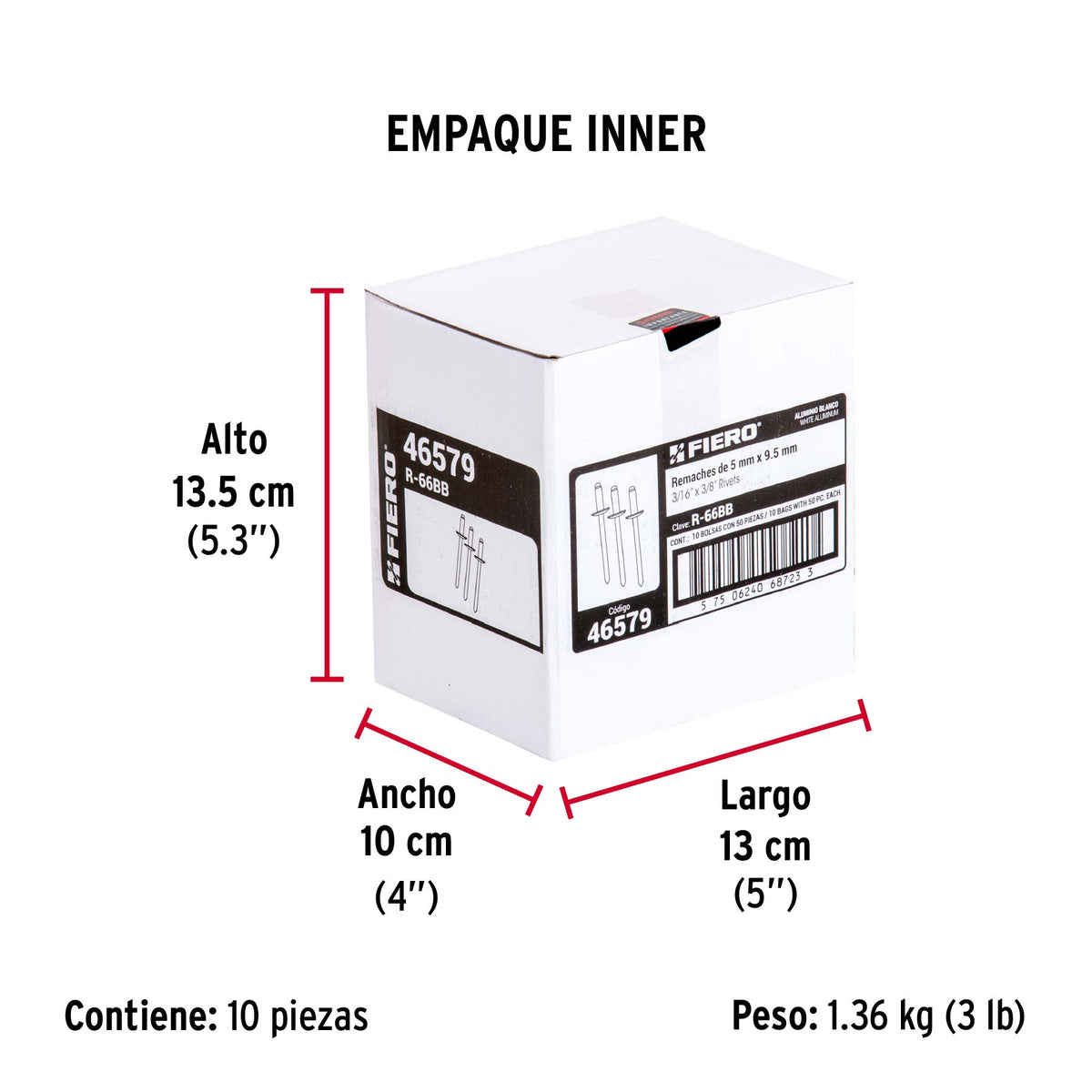 Bolsa c/50 remaches 3/16'x3/8' blancos de aluminio, ala 3/8'