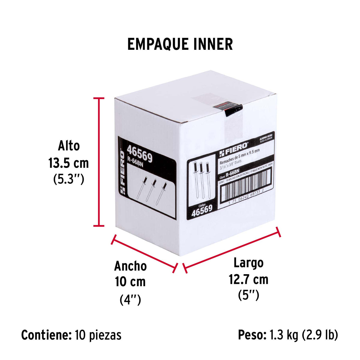 Bolsa c/50 remaches 3/16'x3/8' negros de aluminio, ala 3/8'