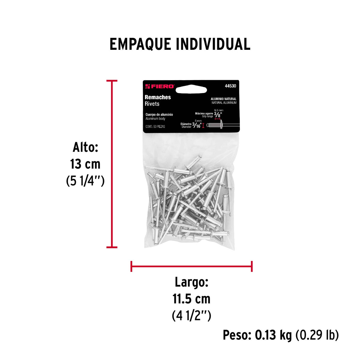 Remaches con espiga, 4.8x14.5mm, bolsa con 50 pzas