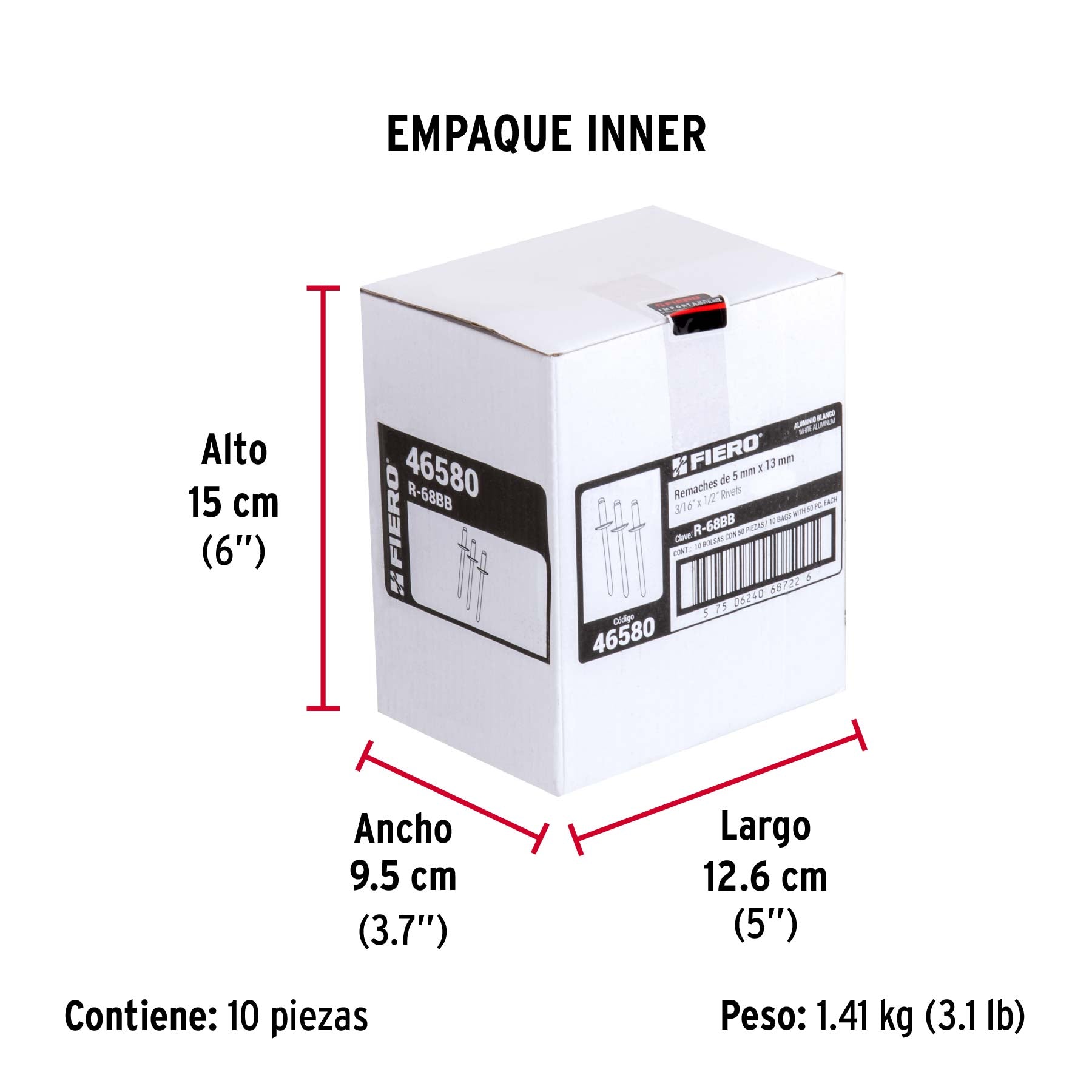 Bolsa c/50 remaches 3/16'x1/2' blancos de aluminio, ala 3/8'