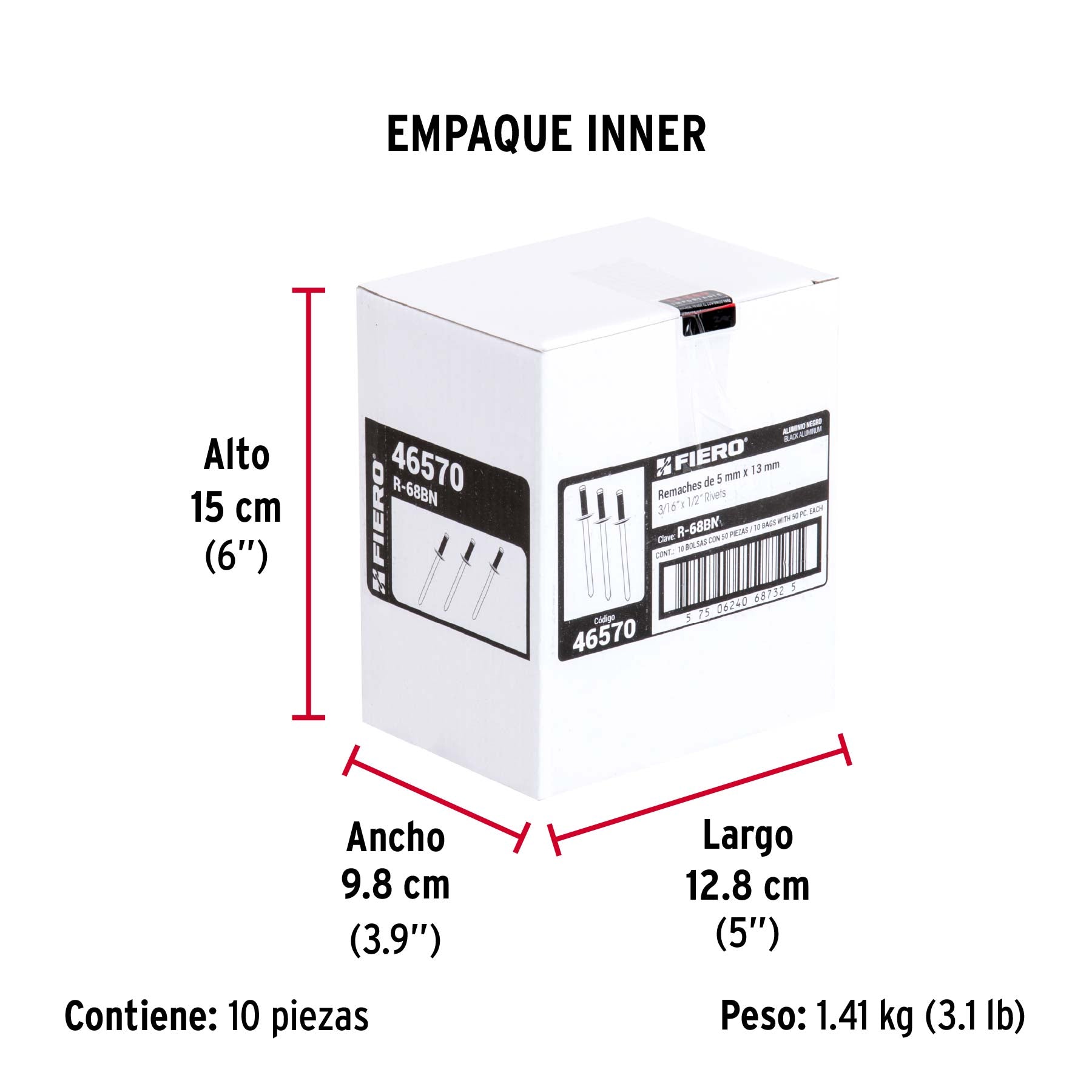 Bolsa c/50 remaches 3/16'x1/2' negros de aluminio, ala 3/8'