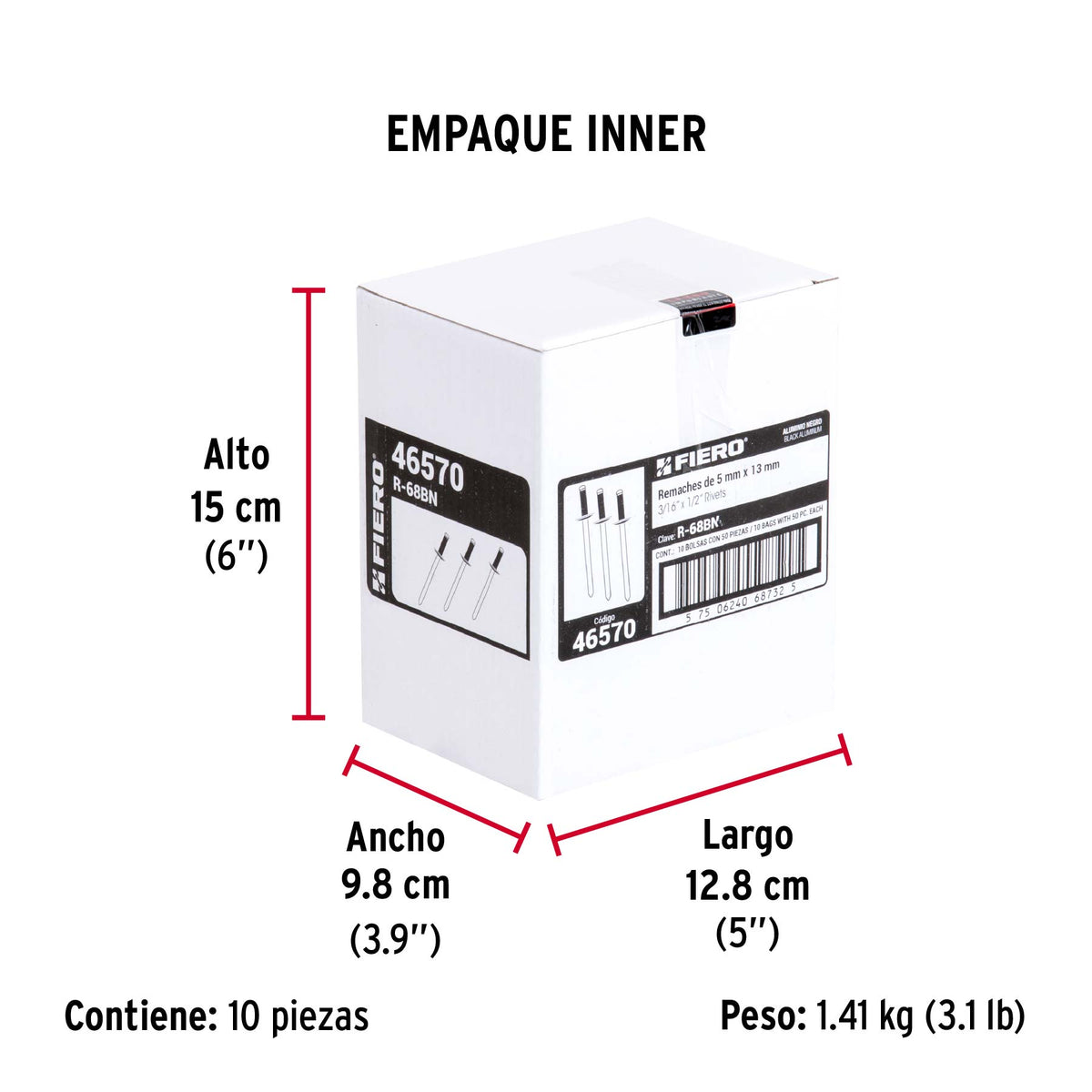 Bolsa c/50 remaches 3/16'x1/2' negros de aluminio, ala 3/8'
