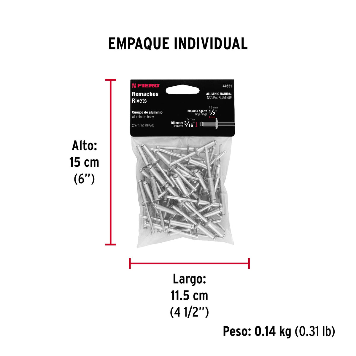 Remaches con espiga, 4.8x17.7mm, bolsa con 50 pzas.