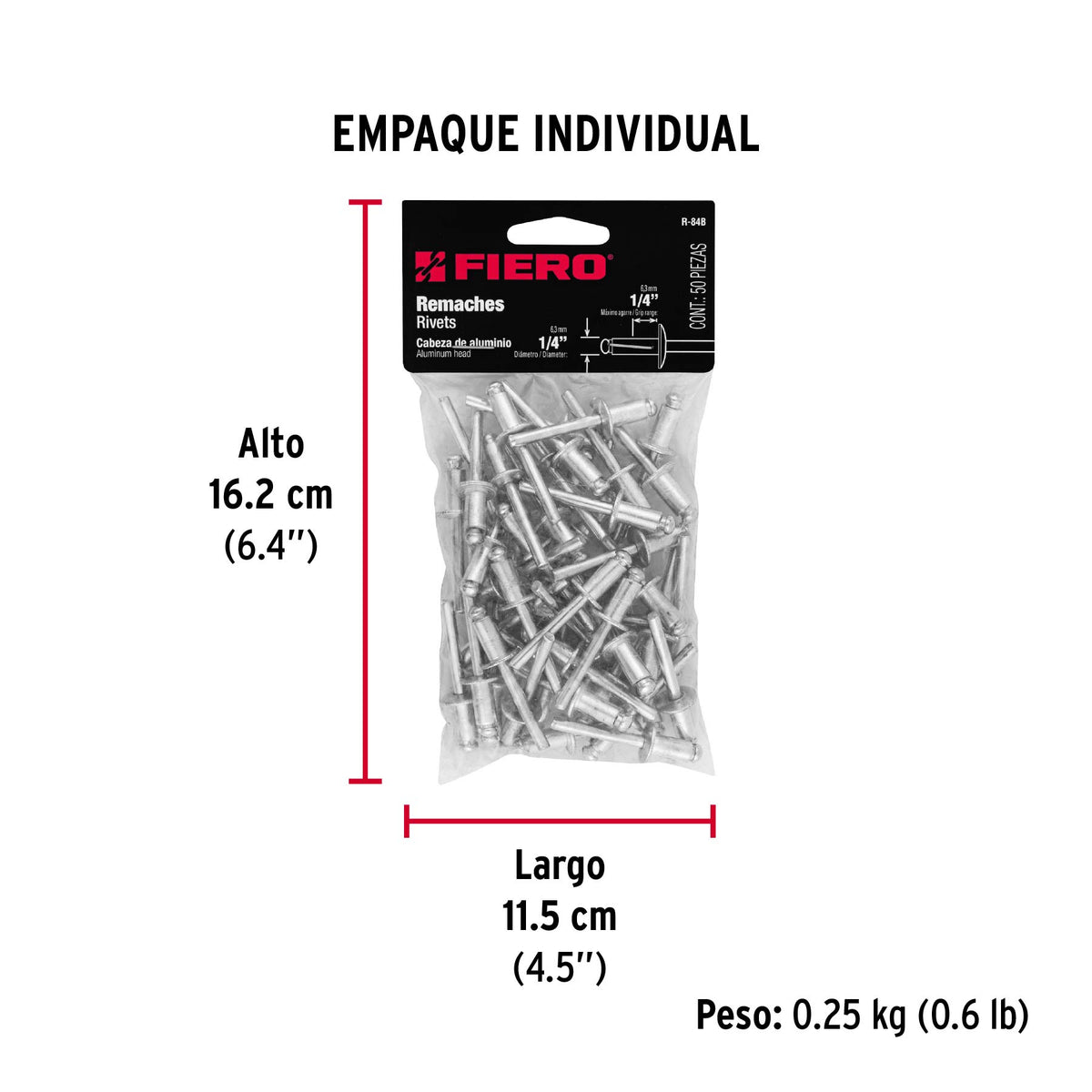Remaches con espiga, 6.4x12.7mm, bolsa con 50 pzas