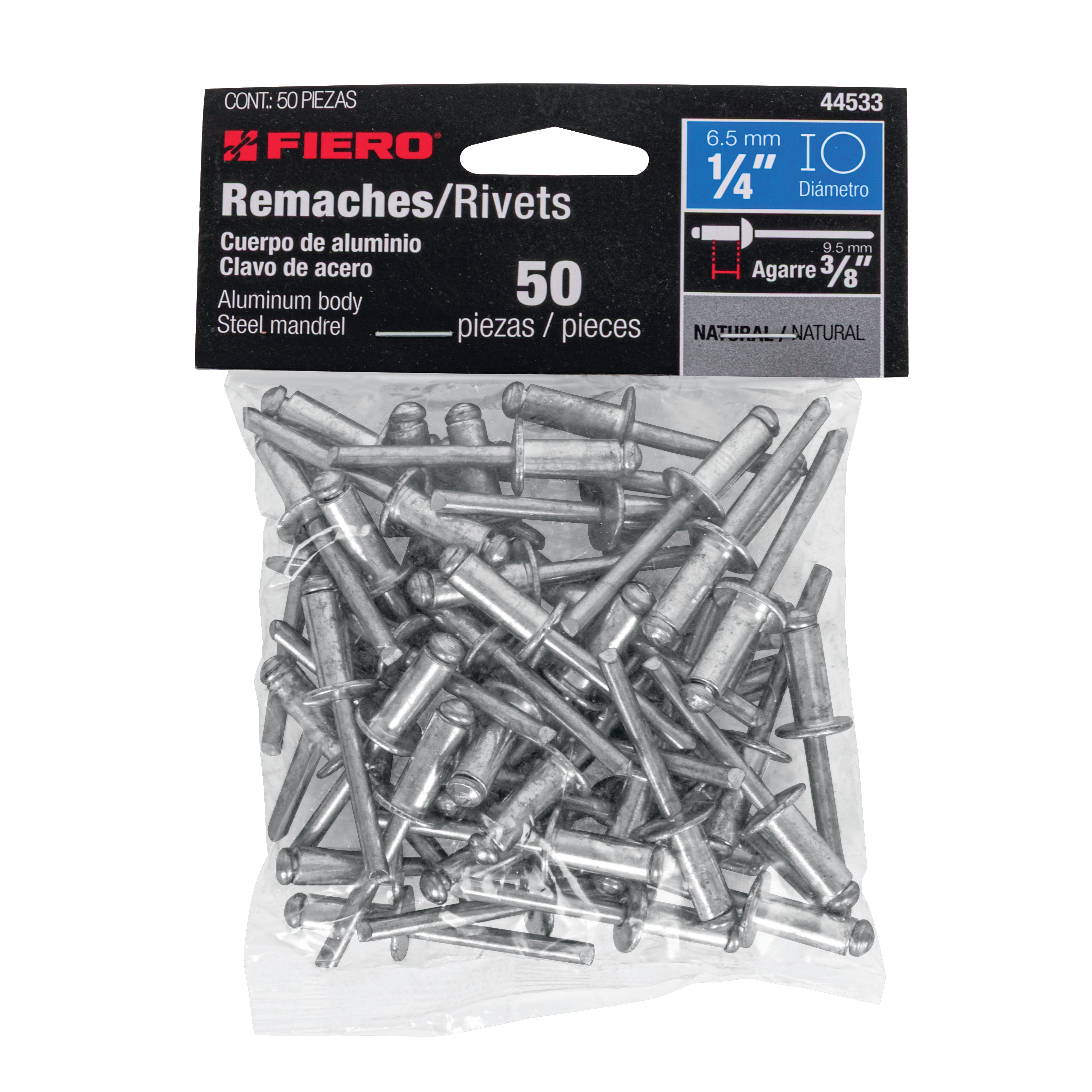 Remaches con espiga, 6.4x15.9mm, bolsa con 50 pzas