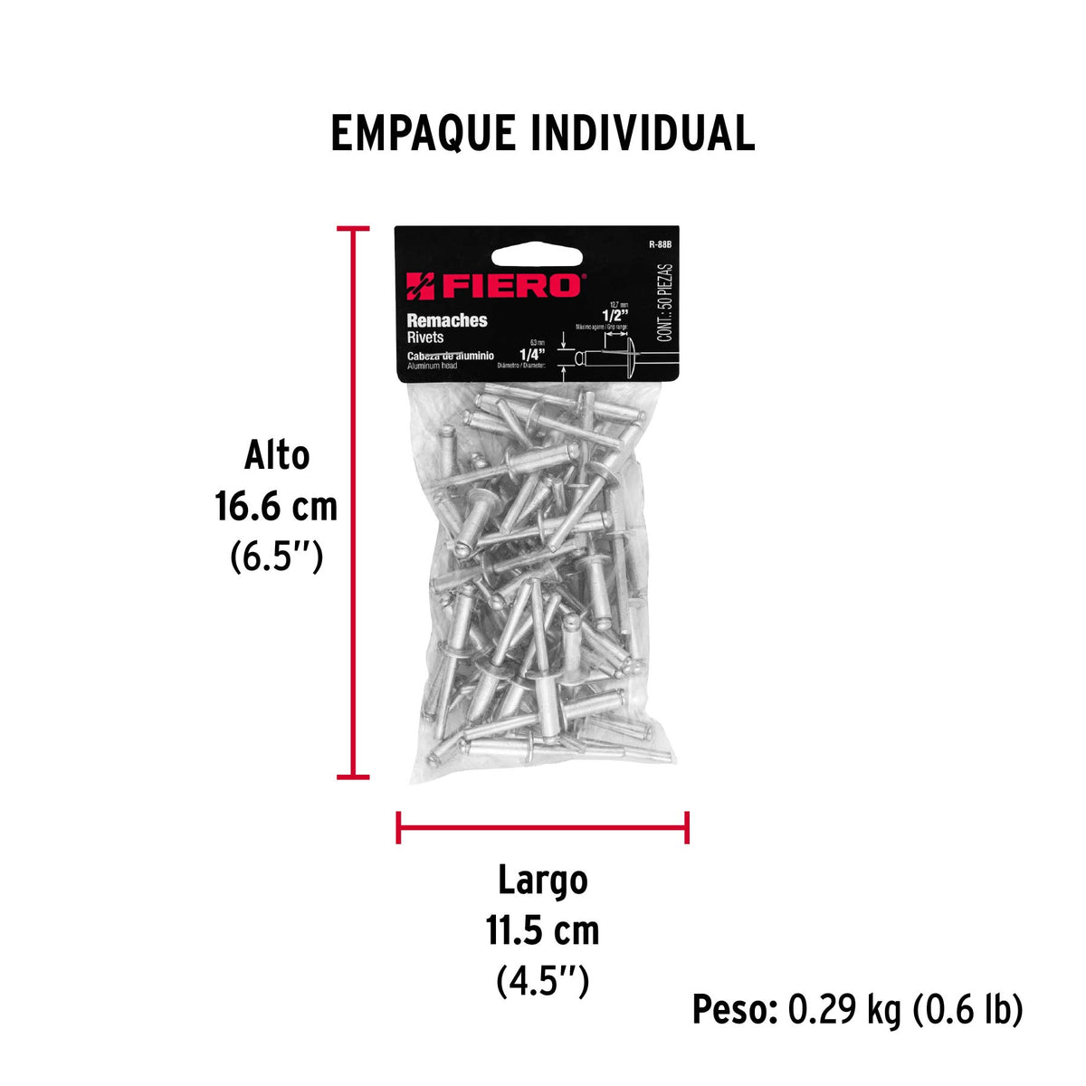 Remaches con espiga, 6.4x19.1mm, bolsa con 50 pzas