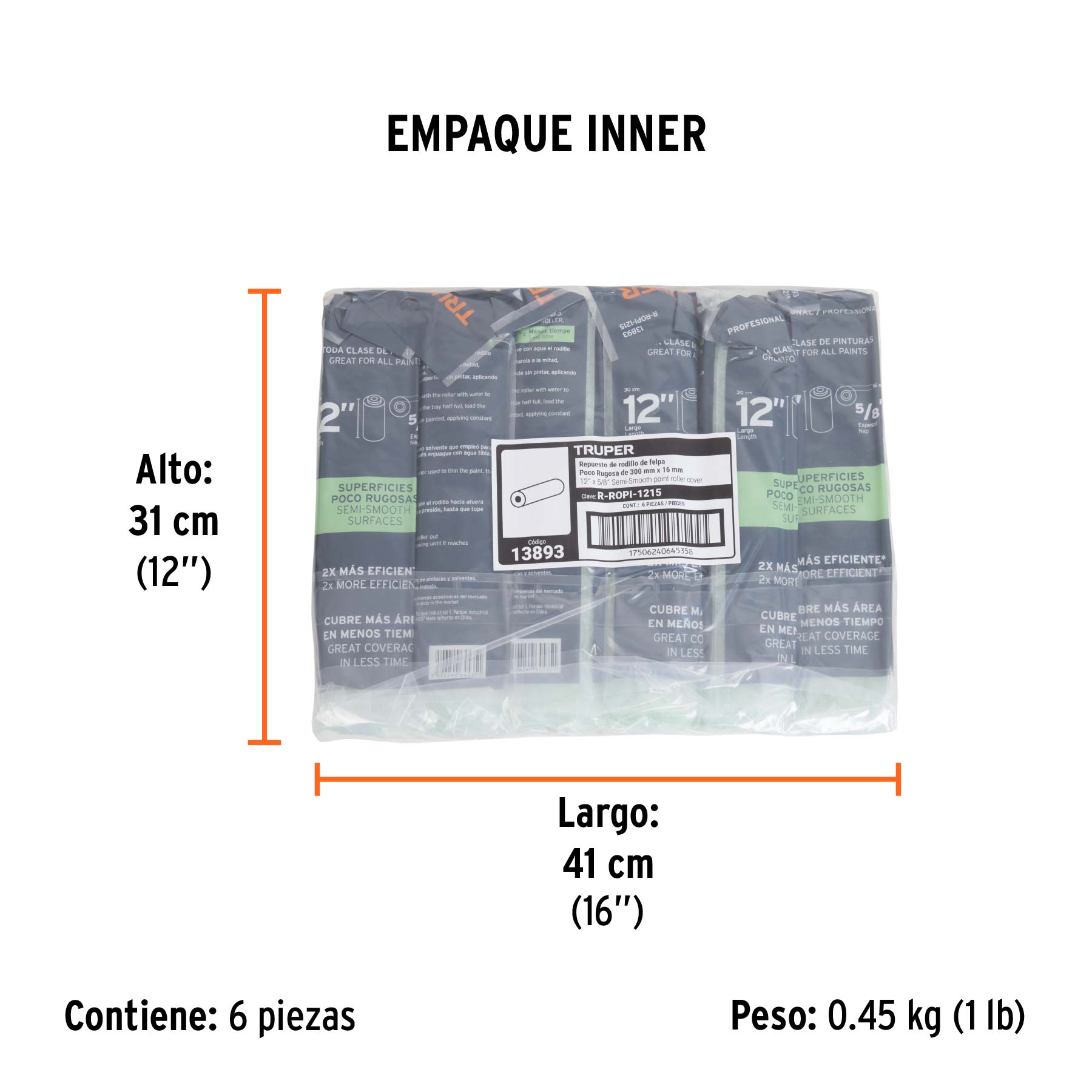 Repuesto para rodillo para pintar, felpa 12 x 5/8", lisa