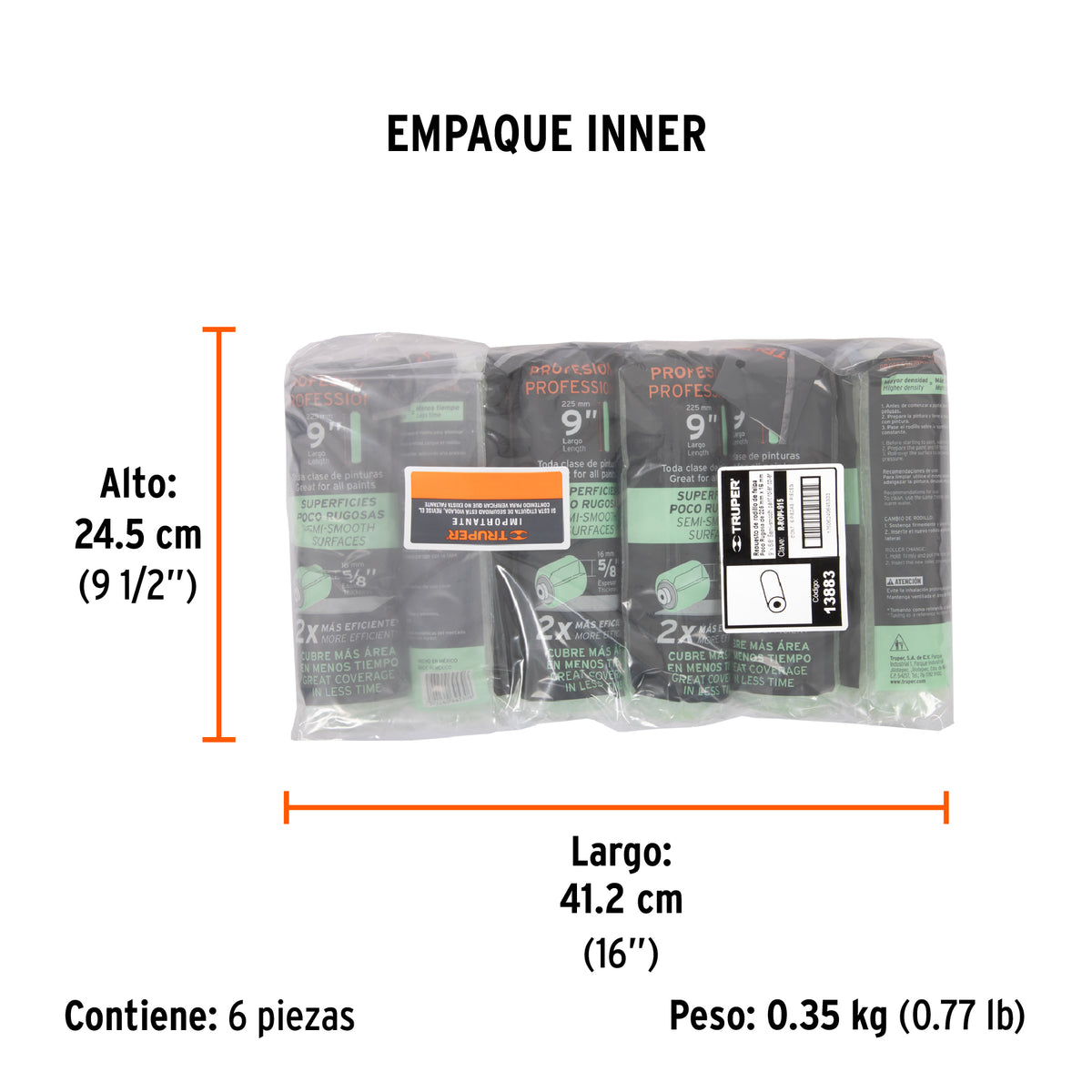 Repuesto para rodillo para pintar, felpa 9 x 5/8", lisa