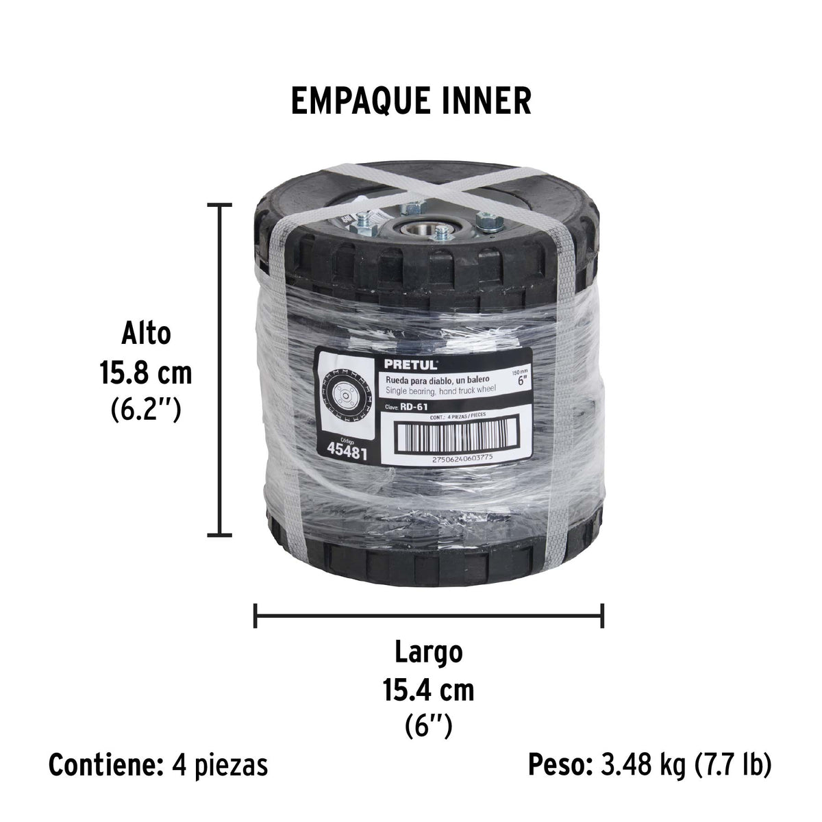 Rueda de hule sólido imponchable 6", un balero, PRETUL