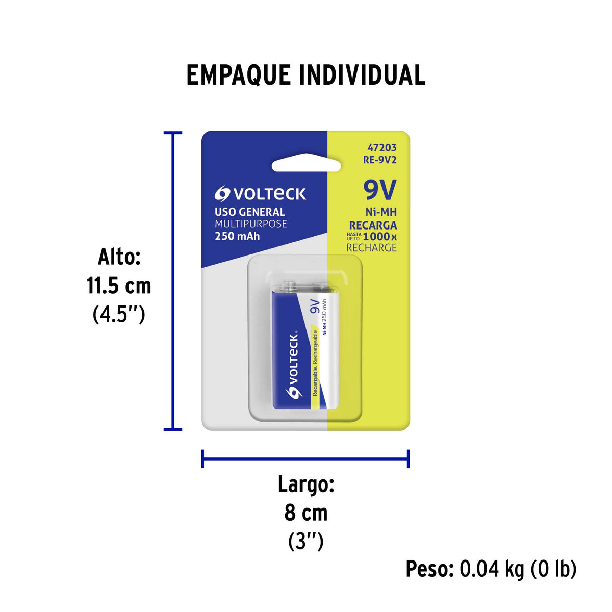 Pila recargable, uso general, 9 V, 250 mAh, 1 pieza