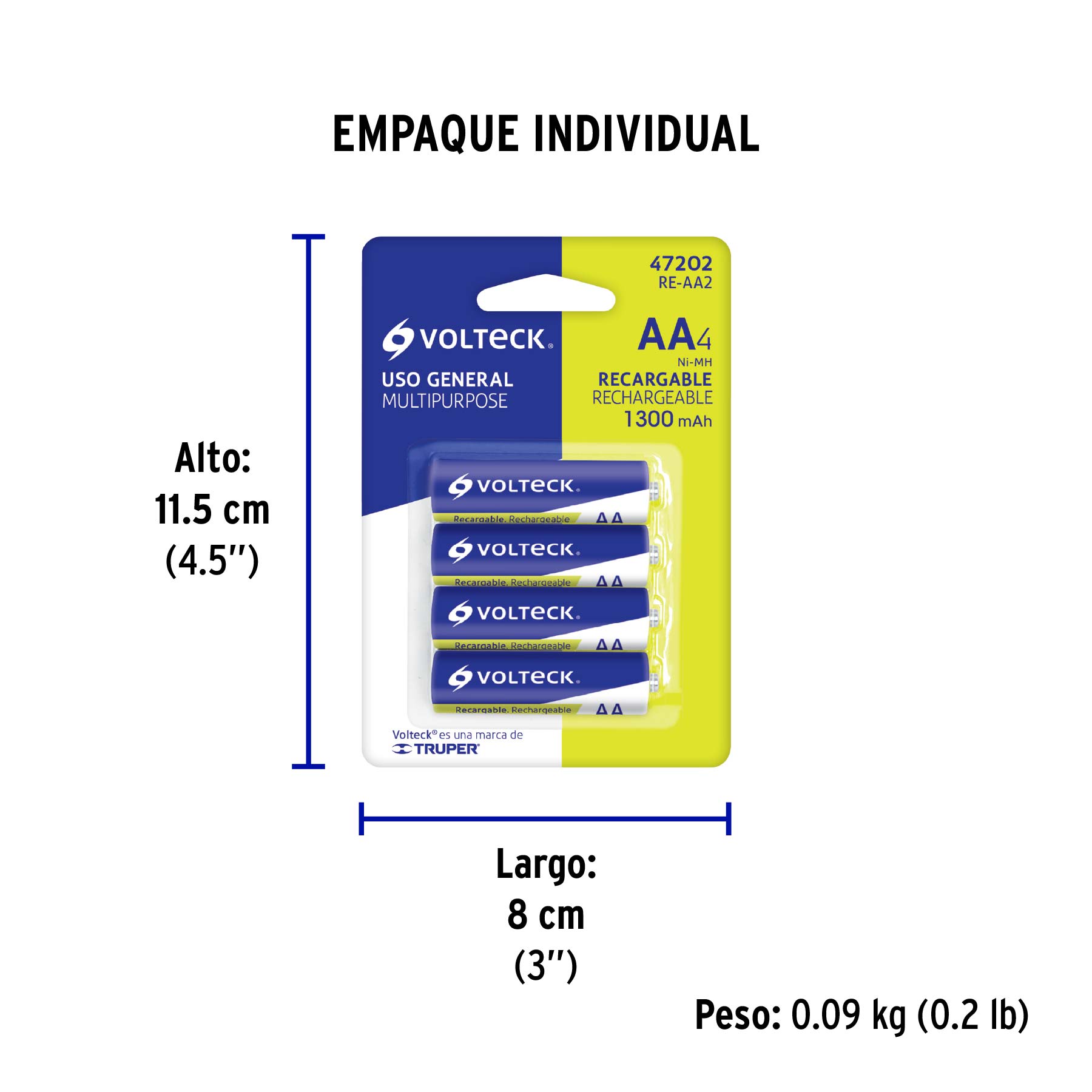 Pilas recargables, uso general, AA, 1,300 mAh, 4 piezas