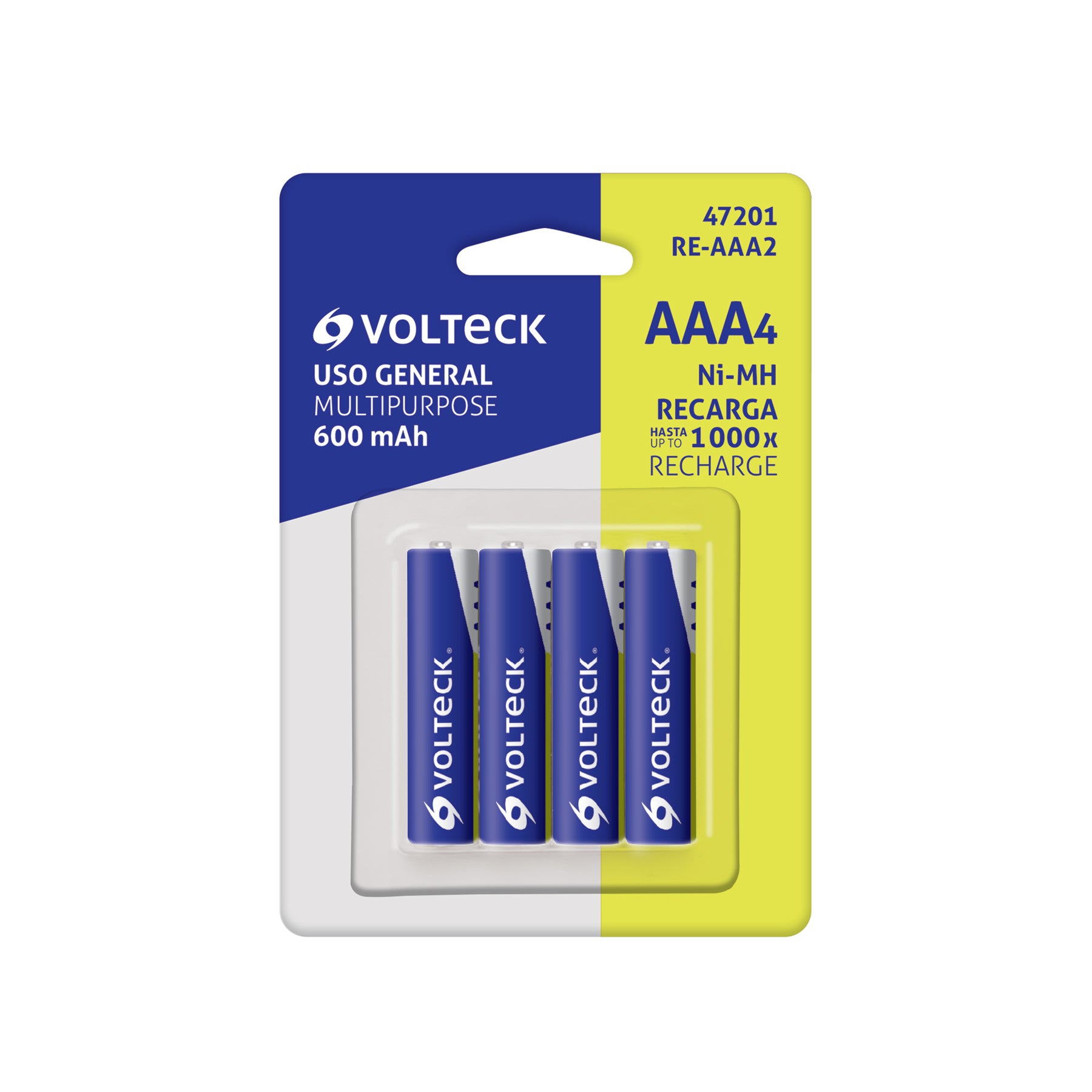 Pilas recargables, uso general, AAA, 600 mAh, 4 piezas