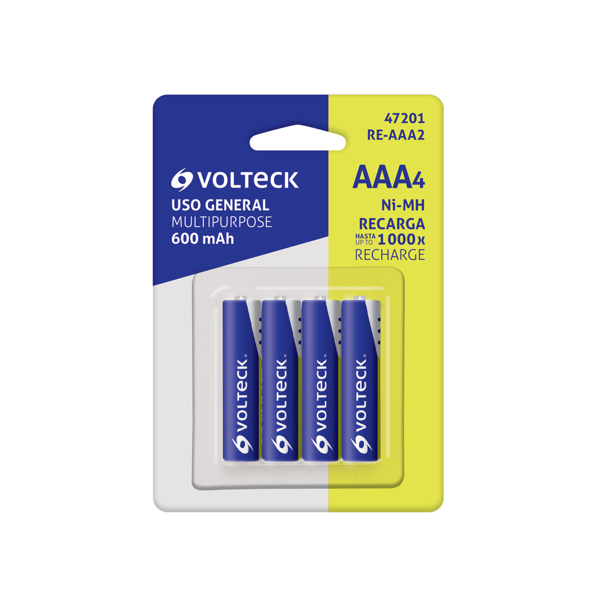Pilas recargables, uso general, AAA, 600 mAh, 4 piezas