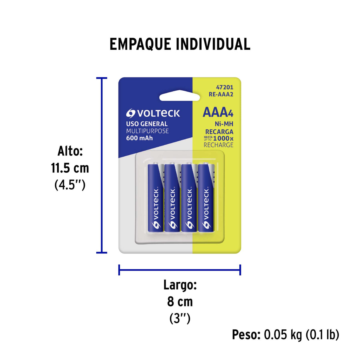 Pilas recargables, uso general, AAA, 600 mAh, 4 piezas