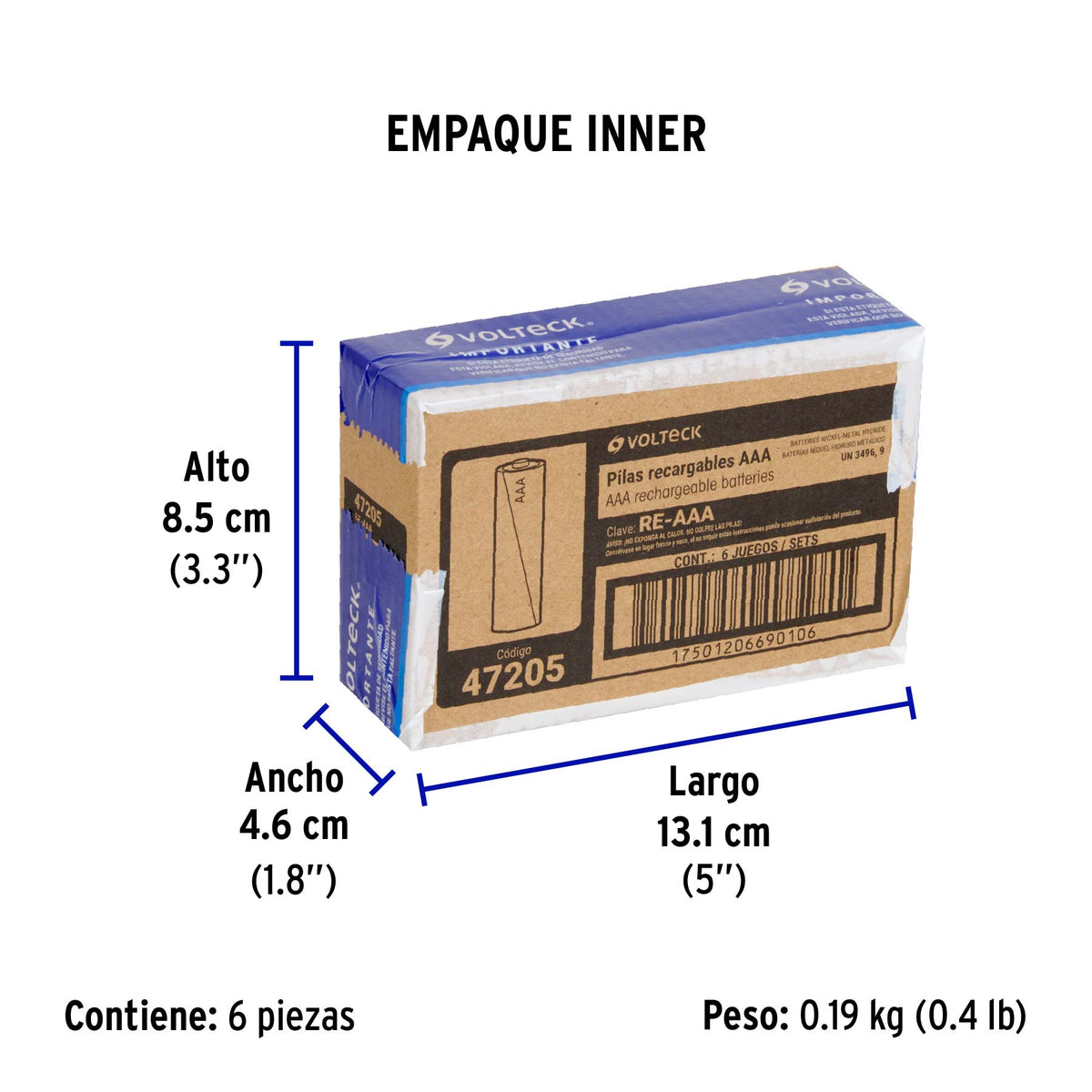 Pilas recargables, larga duración, AAA, 1,000 mAh, 2 piezas