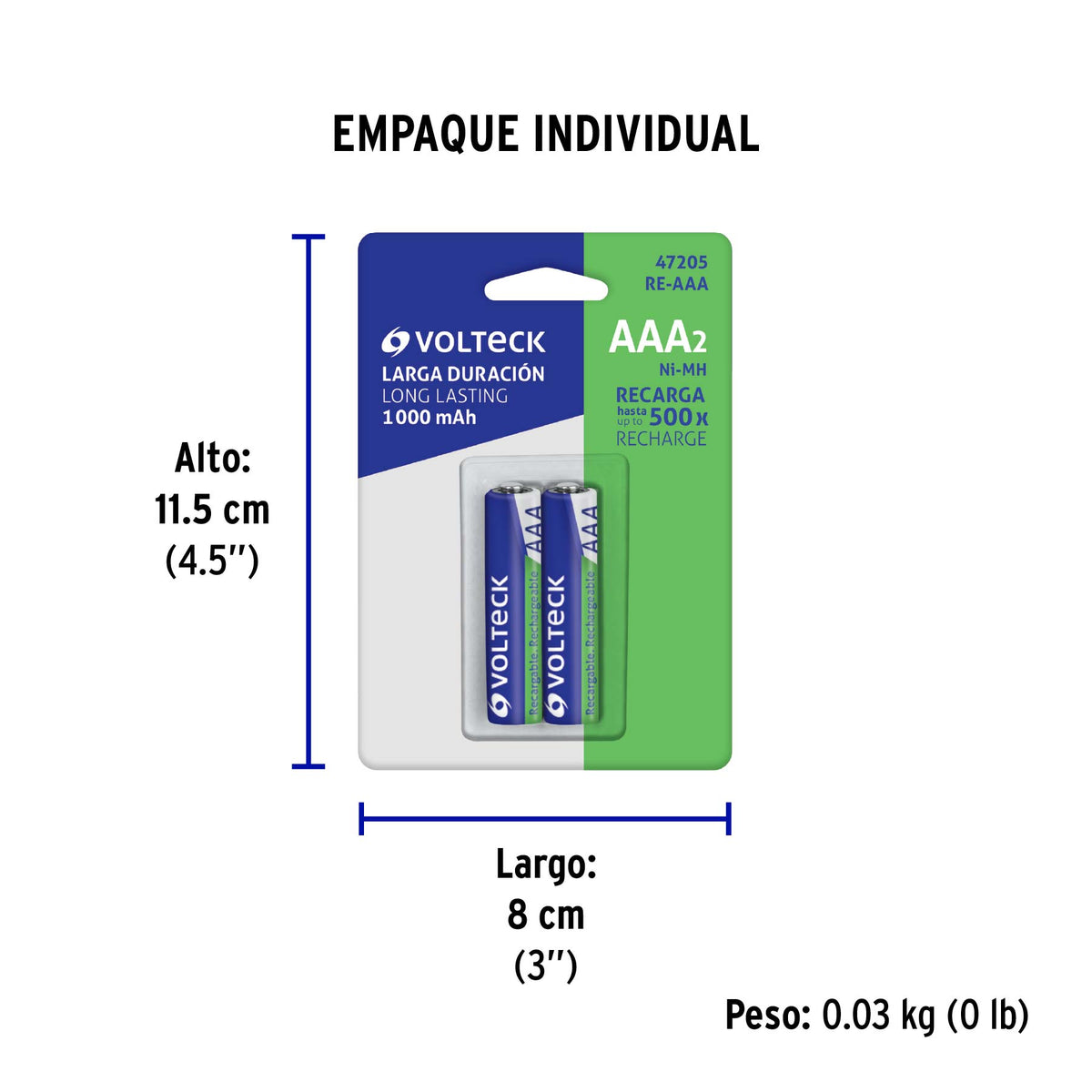 Pilas recargables, larga duración, AAA, 1,000 mAh, 2 piezas