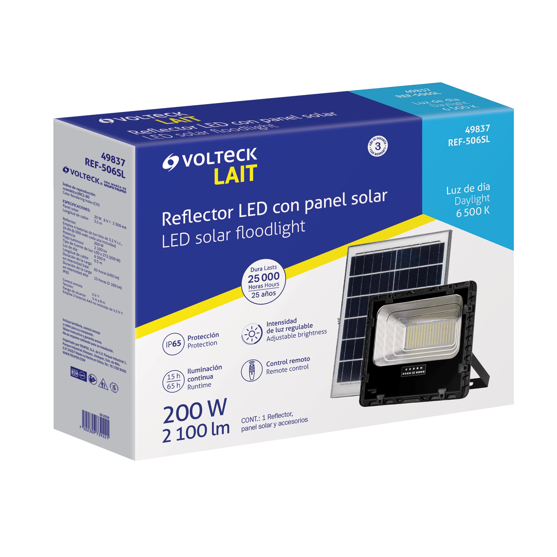Reflector Led 200 W con panel solar, luz de día, Volteck