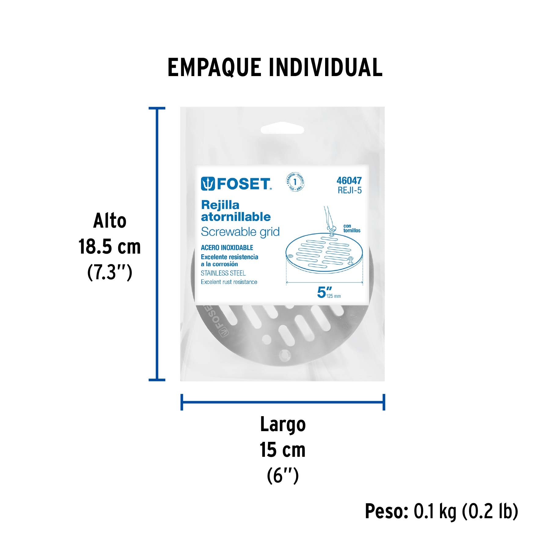 Rejilla acero inoxidable 5", 3 tornillos