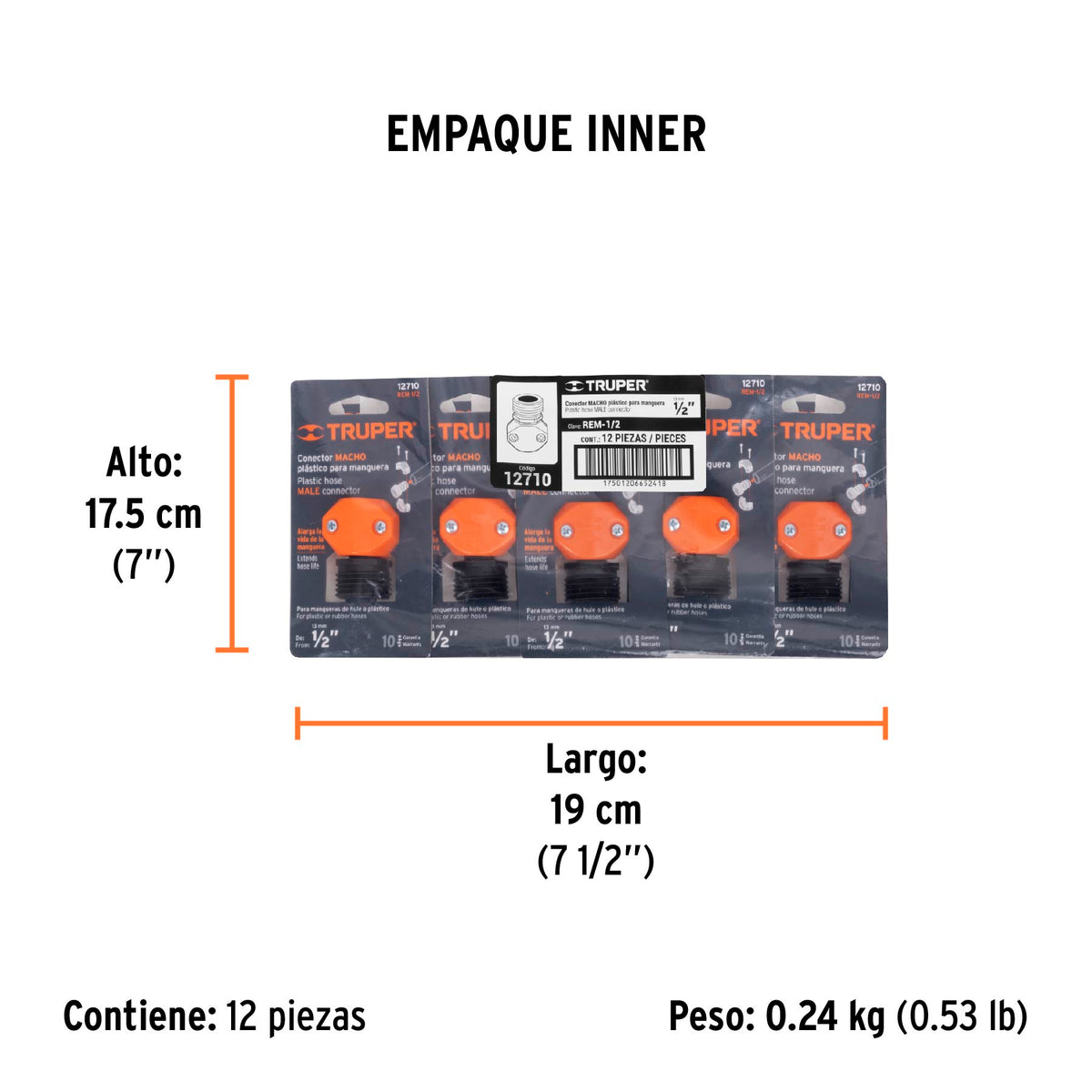 Conector plástico, macho 1/2"