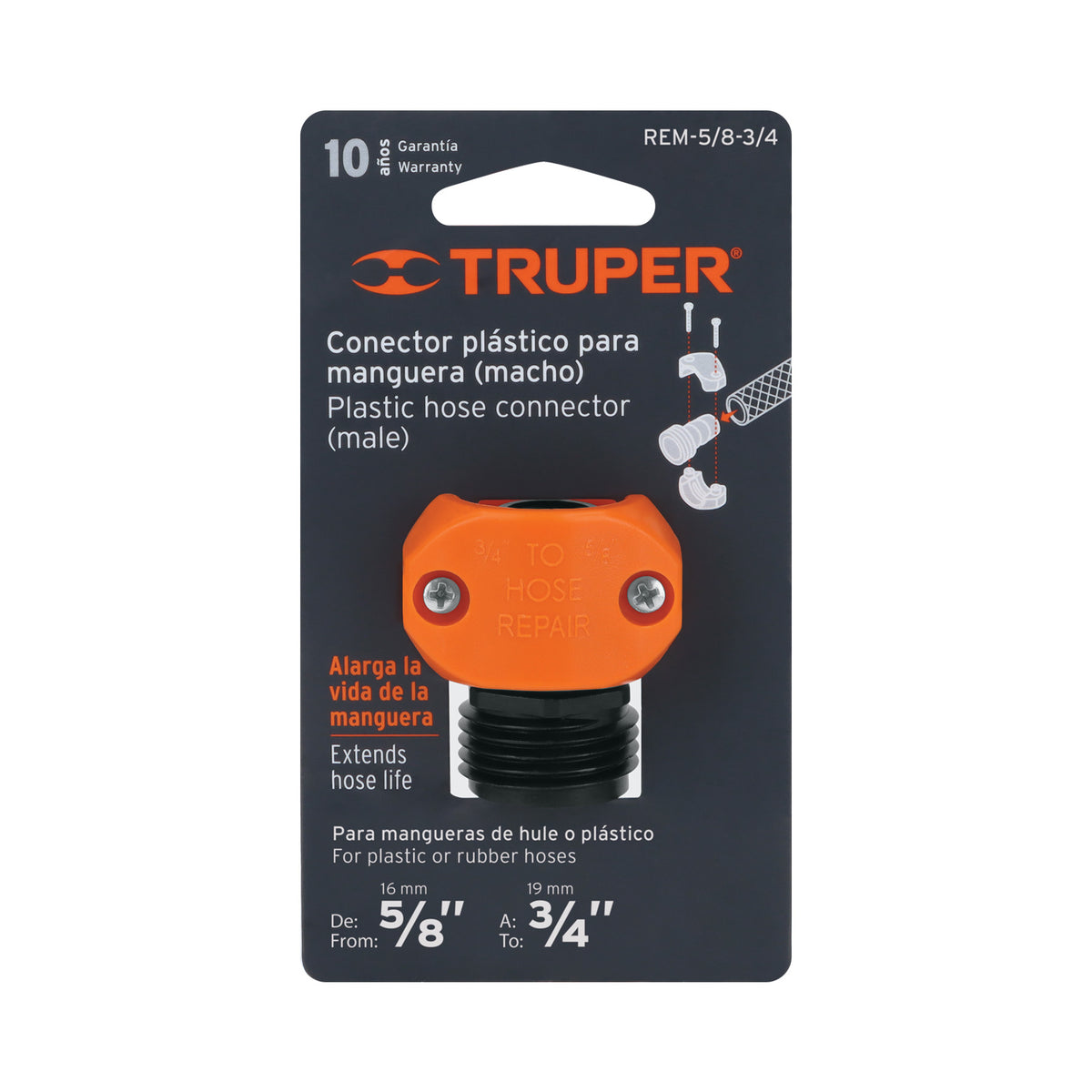 Conector plástico, macho 5/8"-3/4"