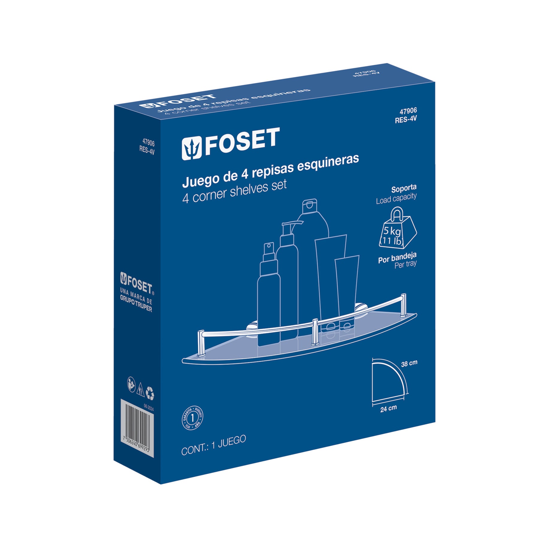 Juego de 4 repisas esquineras de vidrio, Foset Basic