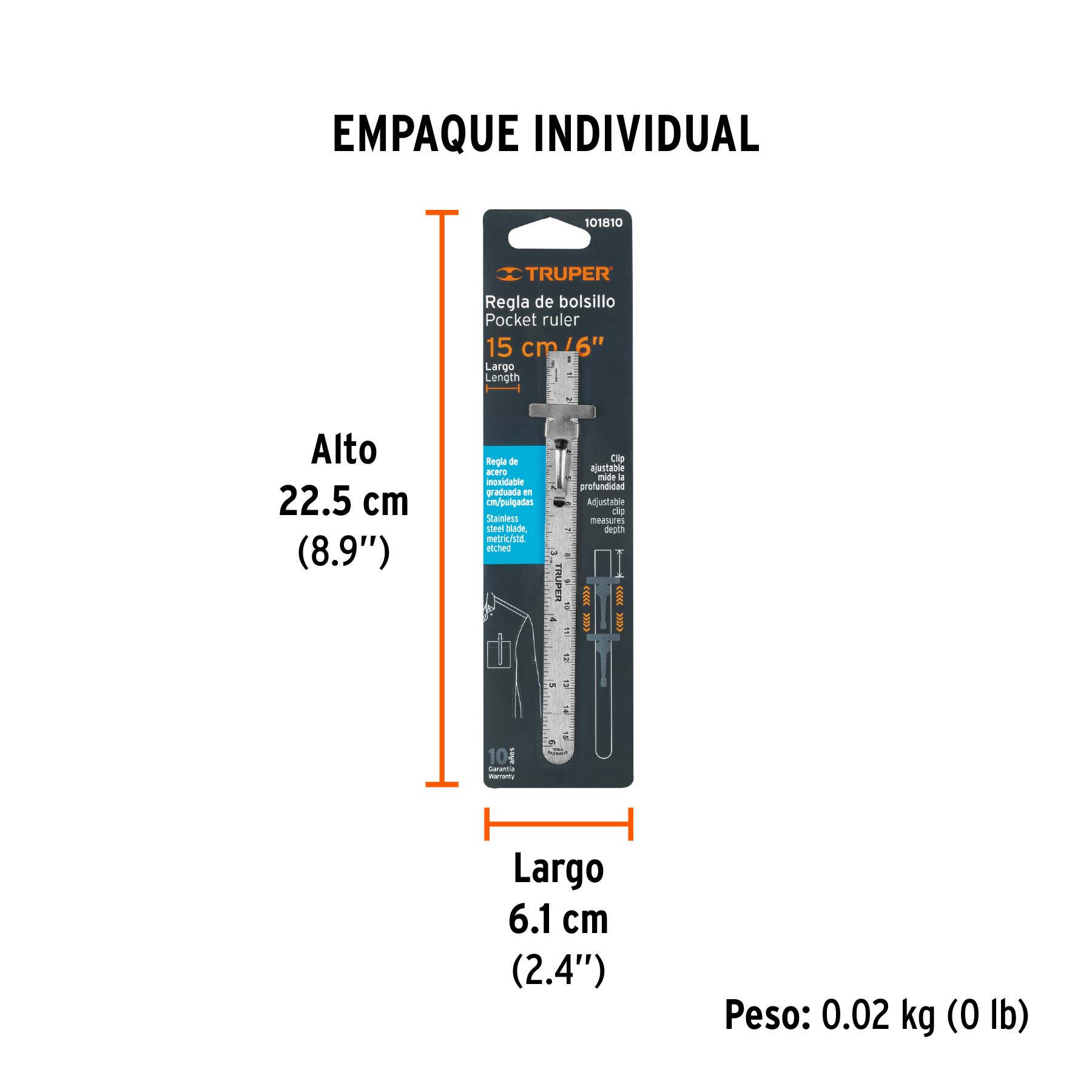 Regla de acero inoxidable de bolsillo, 15 cm