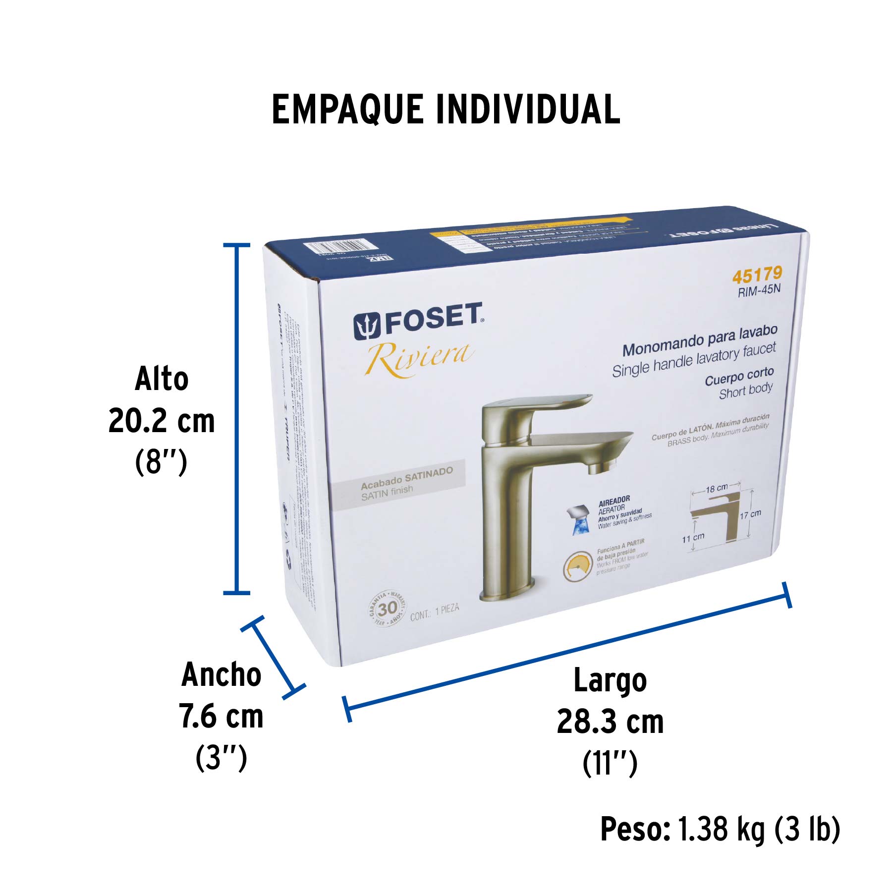 Monomando corto para lavabo, satin, Riviera