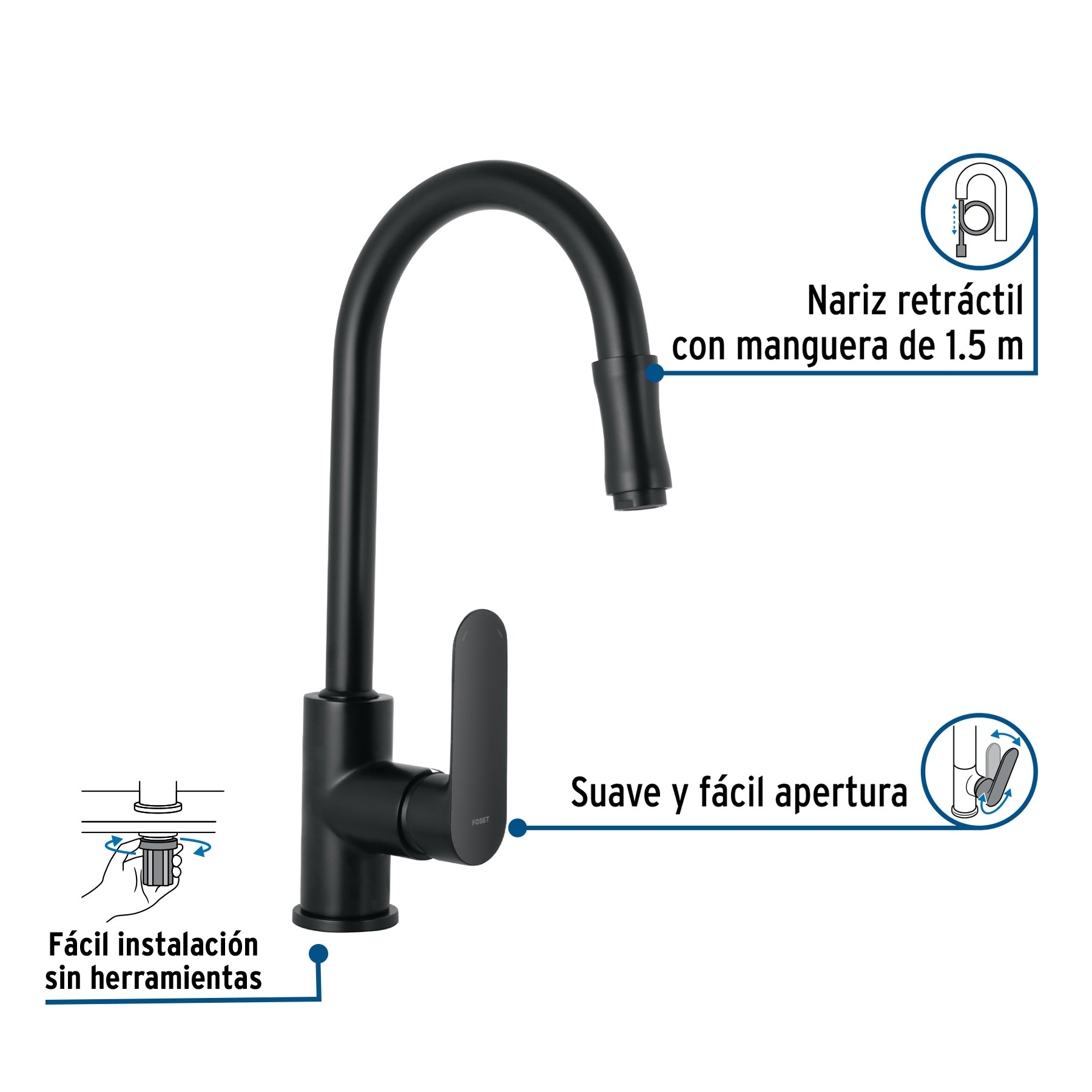 Monomando retráctil para fregadero, negro, FOSET RIVIERA