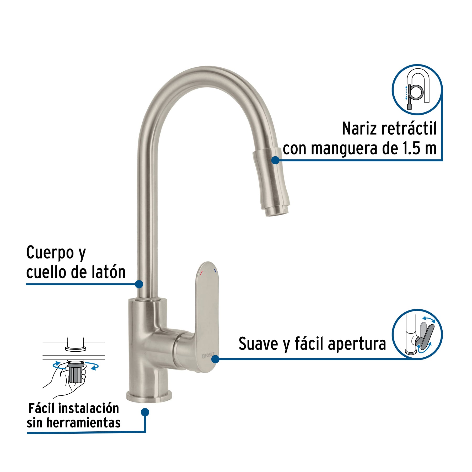 Monomando retráctil para fregadero, satín, FOSET RIVIERA