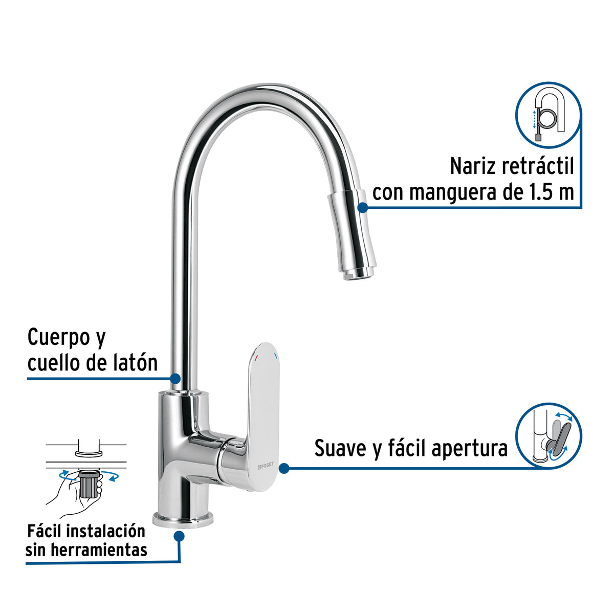 Monomando retráctil para fregadero, cromo, FOSET RIVIERA