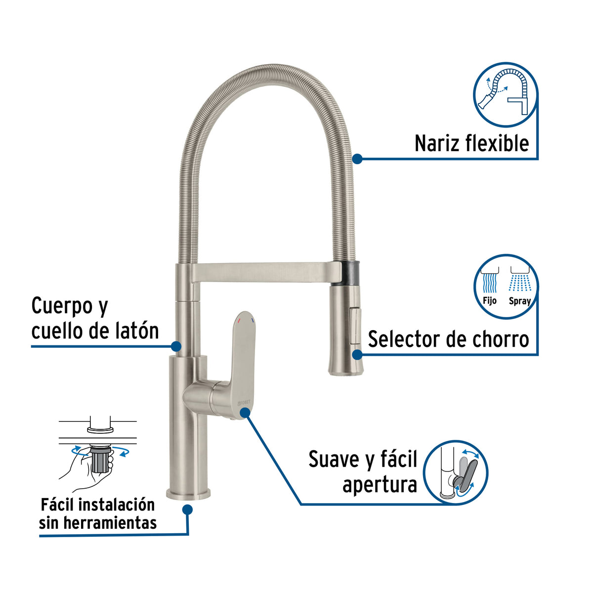 Monomando nariz flexible para fregadero, satín,FOSET RIVIERA