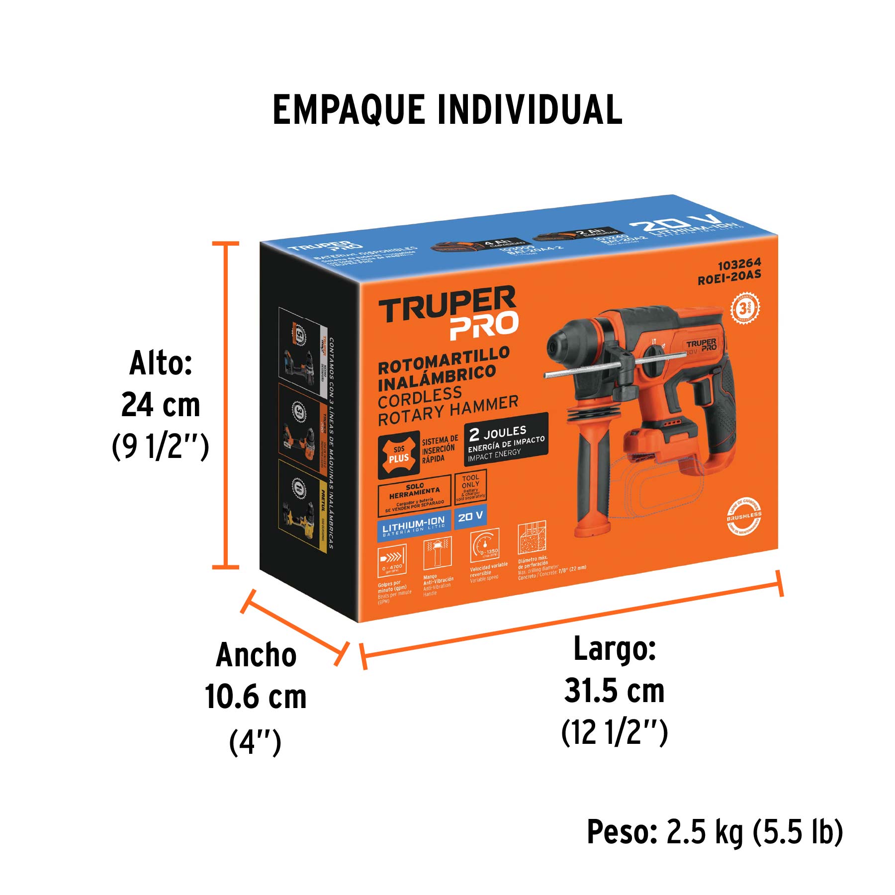 Rotomartillo SDS Plus inal., 20V, s/accesorios, TRUPER PRO