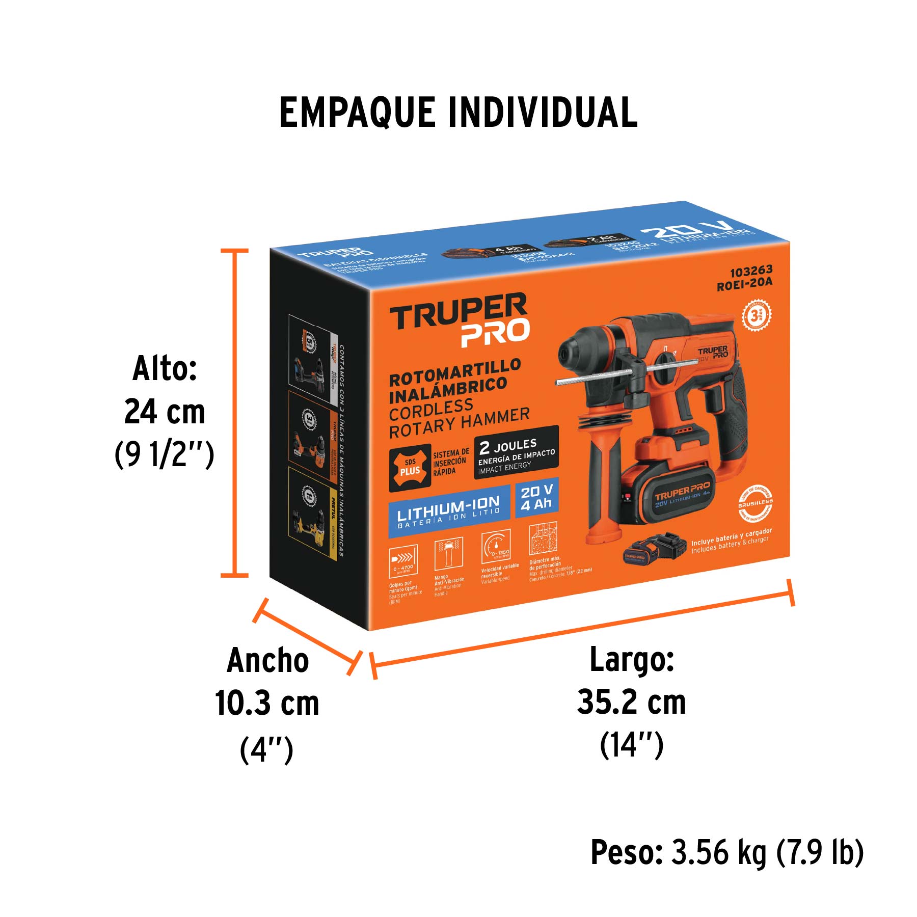Rotomartillo SDS Plus inal. 20V, 1 bat. 4Ah, 1 carg. PRO