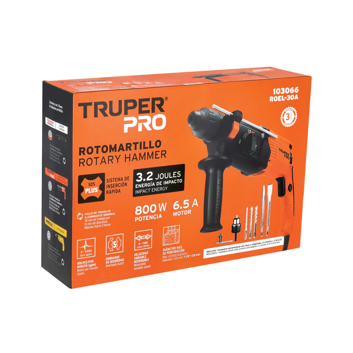 Rotomartillo SDS Plus 3 Joules, 800W, TRUPER PRO