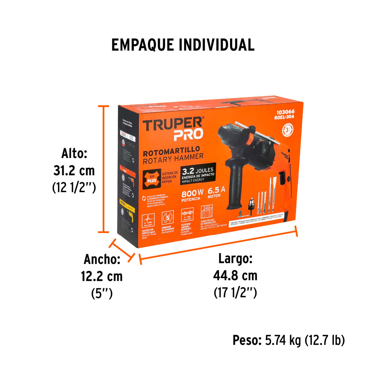 Rotomartillo SDS Plus 3 Joules, 800W, TRUPER PRO
