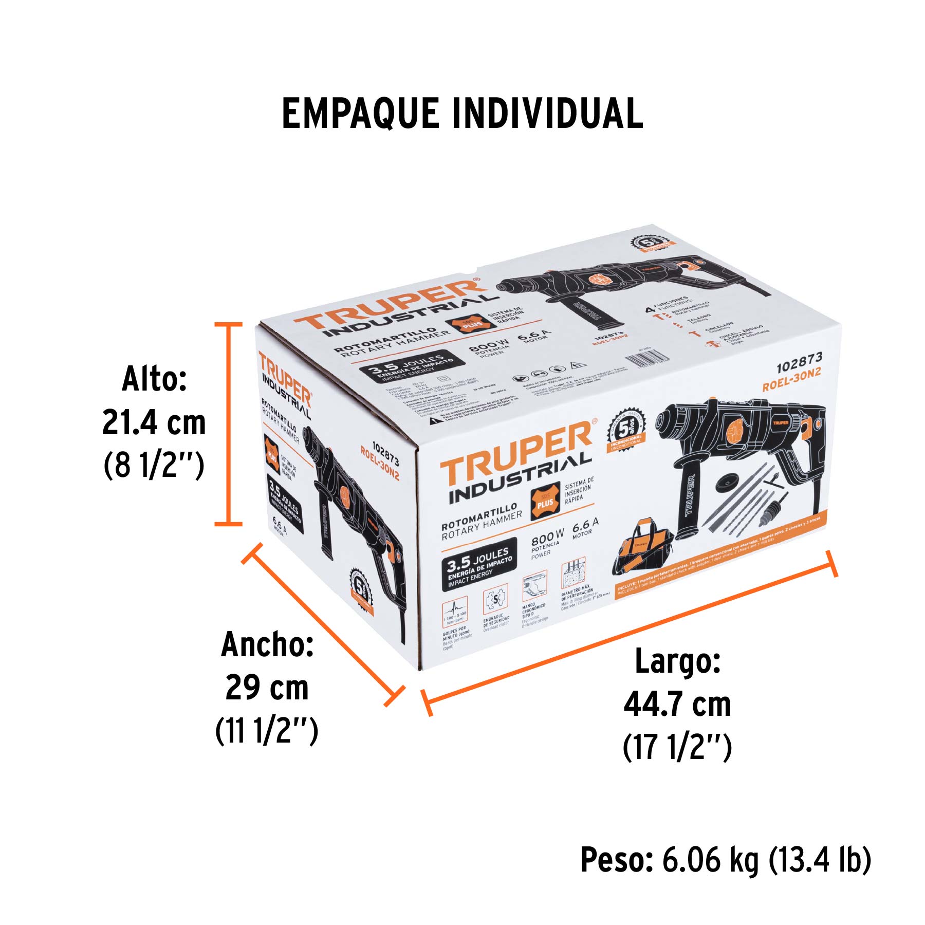 Rotomartillo SDS Plus, mango D, 3.5 Joules 800 W, industrial