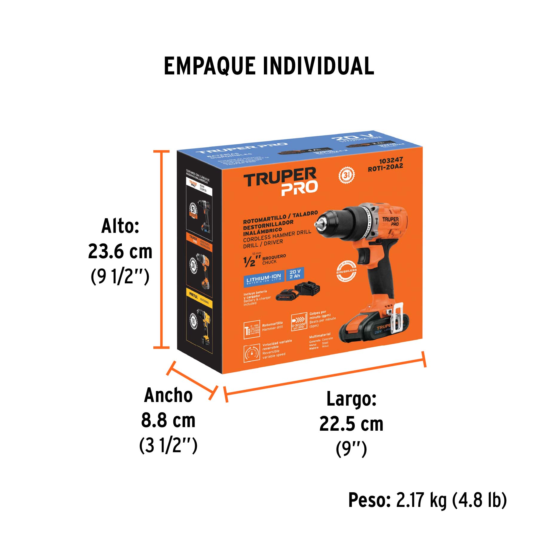 Rotomartillo inal. 1/2', 20V, 1 bat. 2Ah, 1 carg. TRUPER PRO