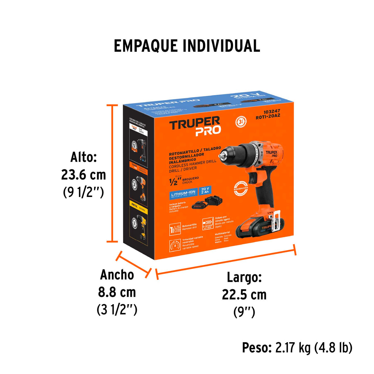 Rotomartillo/destornillador 1/2", 20V, 1 batería 2Ah, PRO