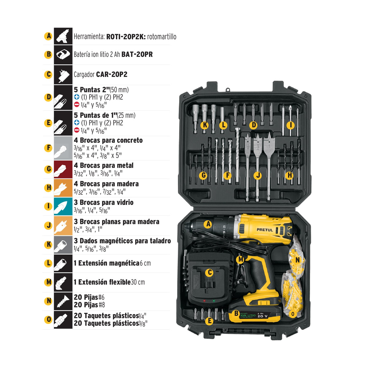 Kit rotomartillo inalámbrico 1/2' 20V y 32 accesorios Pretul