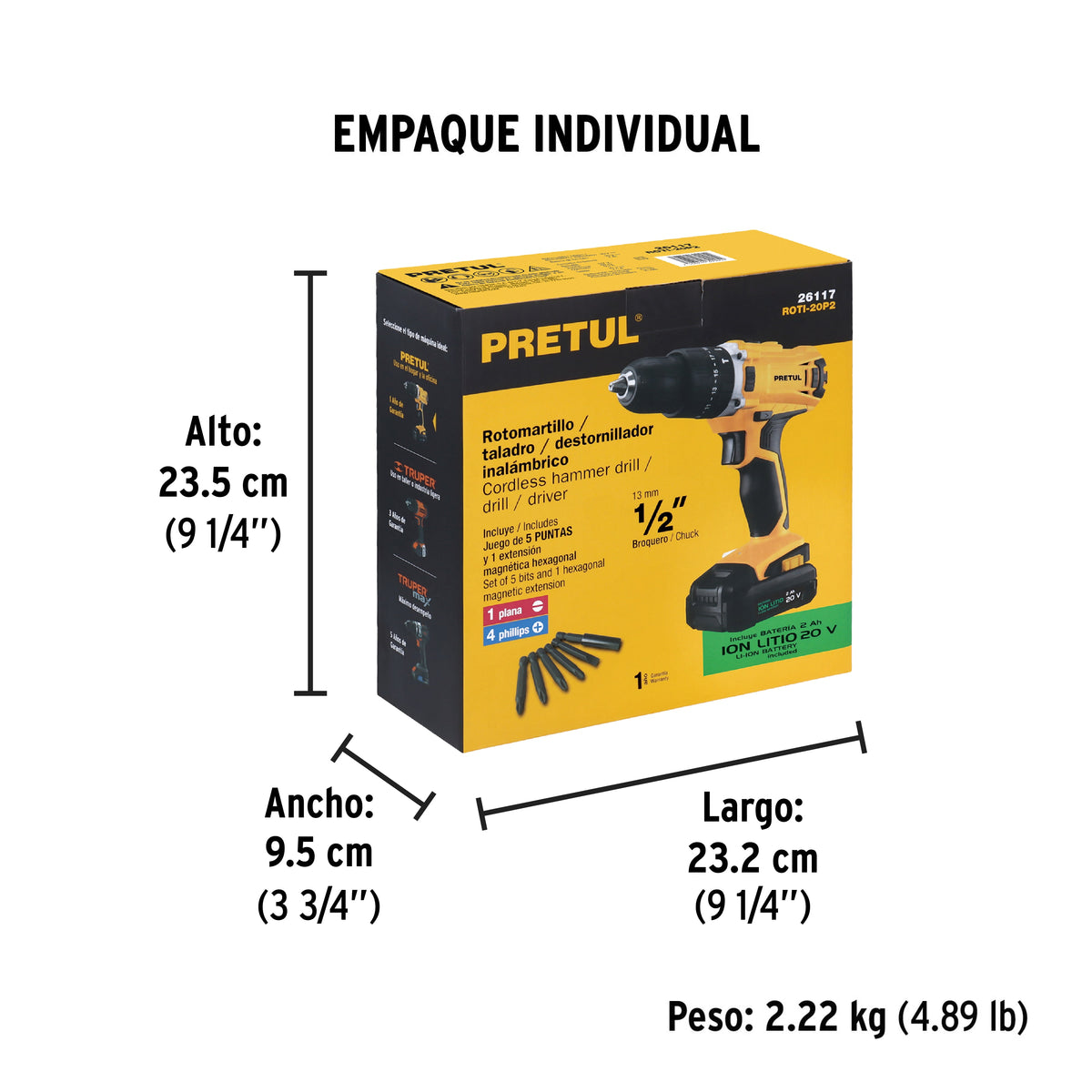 Rotomartillo inalámbrico 1/2',batería ion litio 20V,Pretul