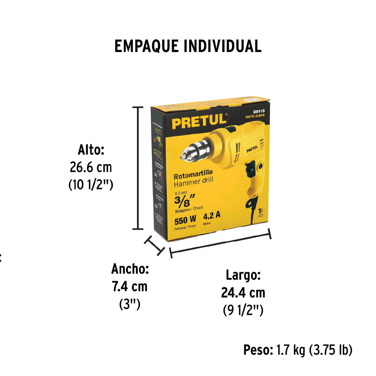 Rotomartillo 3/8', 550 W, Pretul