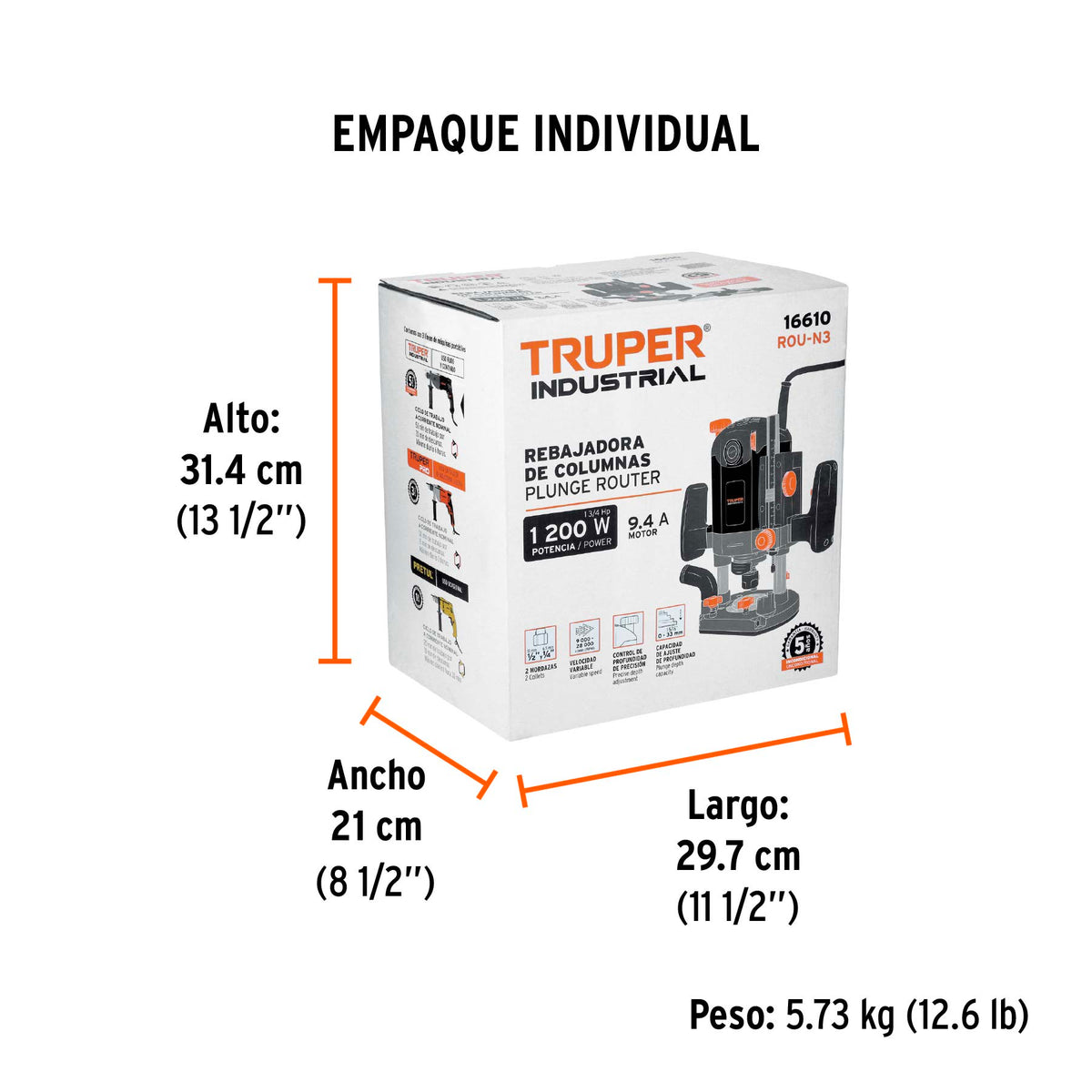 Router (Rebajadora) 1200W, 1-3/4 HP, TRUPER INDUSTRIAL