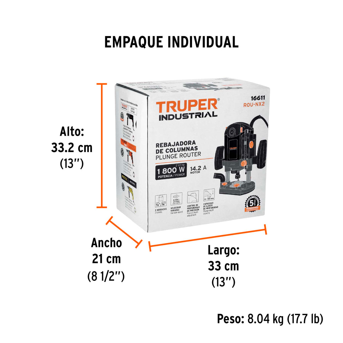 Router (Rebajadora) 1800W, 2-1/2 HP, TRUPER INDUSTRIAL
